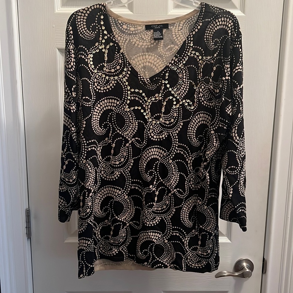 Ladies Dressy Top Wedding 1X Black and tan with gold sequins Like new